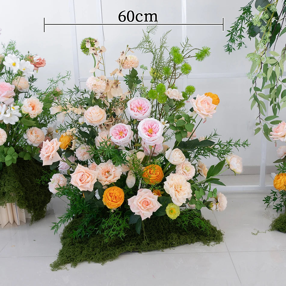 Luxury Champagne Rose Peony Green Leaf Table Runner Floral Event Road Lead Floor Flower Wedding Arch Deco Flower Row Arrangement