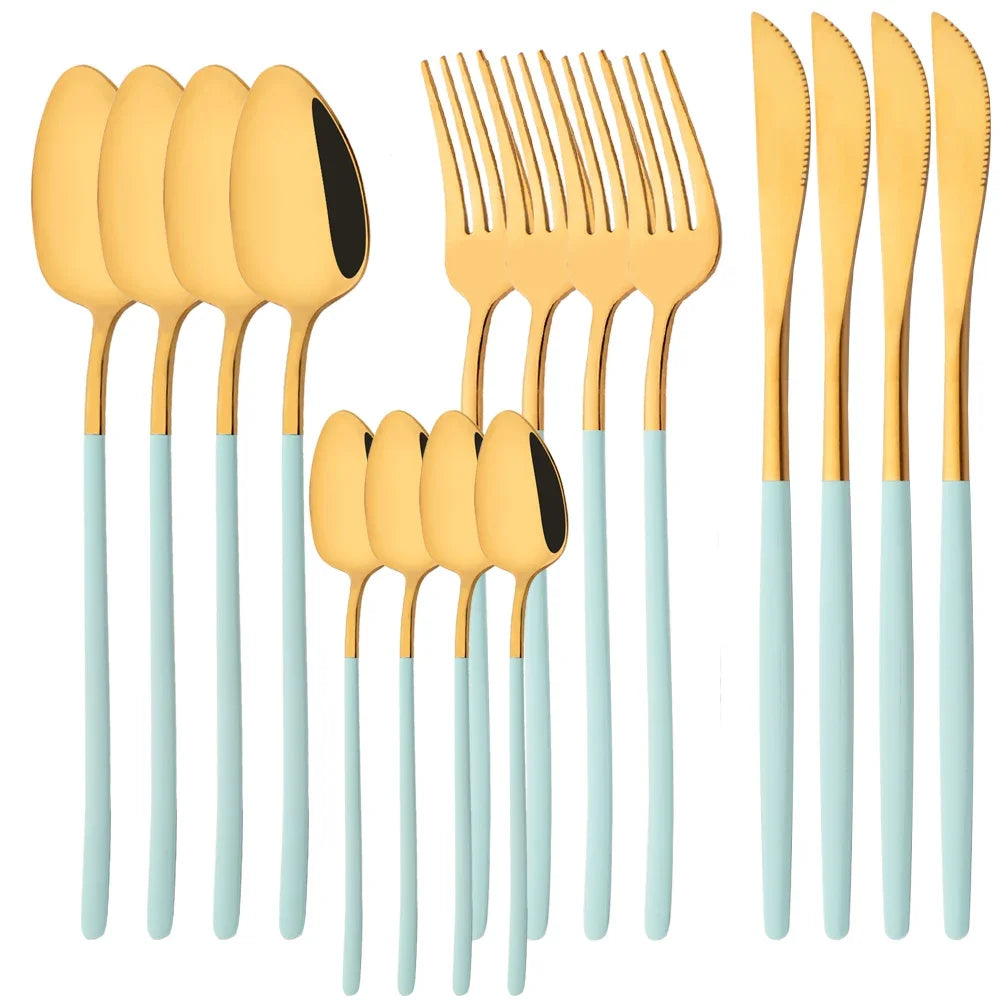 Hemasa 16Pcs Gold Dinnerware Stainless Steel Cutlery Set Knife Fork Tea Spoon Dinner Flatware Set Kitchen Silverware Tableware