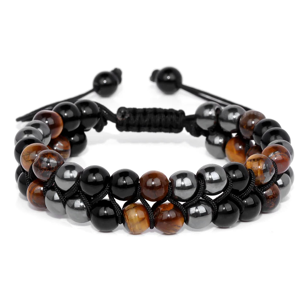 Tejesa Triple Protection Bracelet 6mm Beads Black Obsidian Hematite Tiger Eye Rope Bracelet for Men Women Weight Loss Slimming Bangle