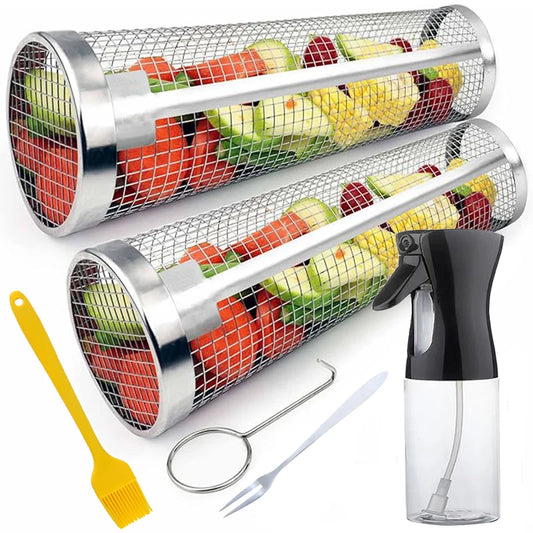 BBQ Grill Basket Stainless Steel Rolling Grilling Baskets for Ideal for Cooking Meat French Fries Vegetables on Outdoor Barbecue