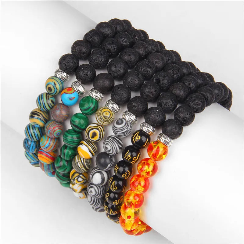 Hemasa Green Malachite Lava Stone  Chakra Prayer Mala Buddhist Beads Bracelet Bangle