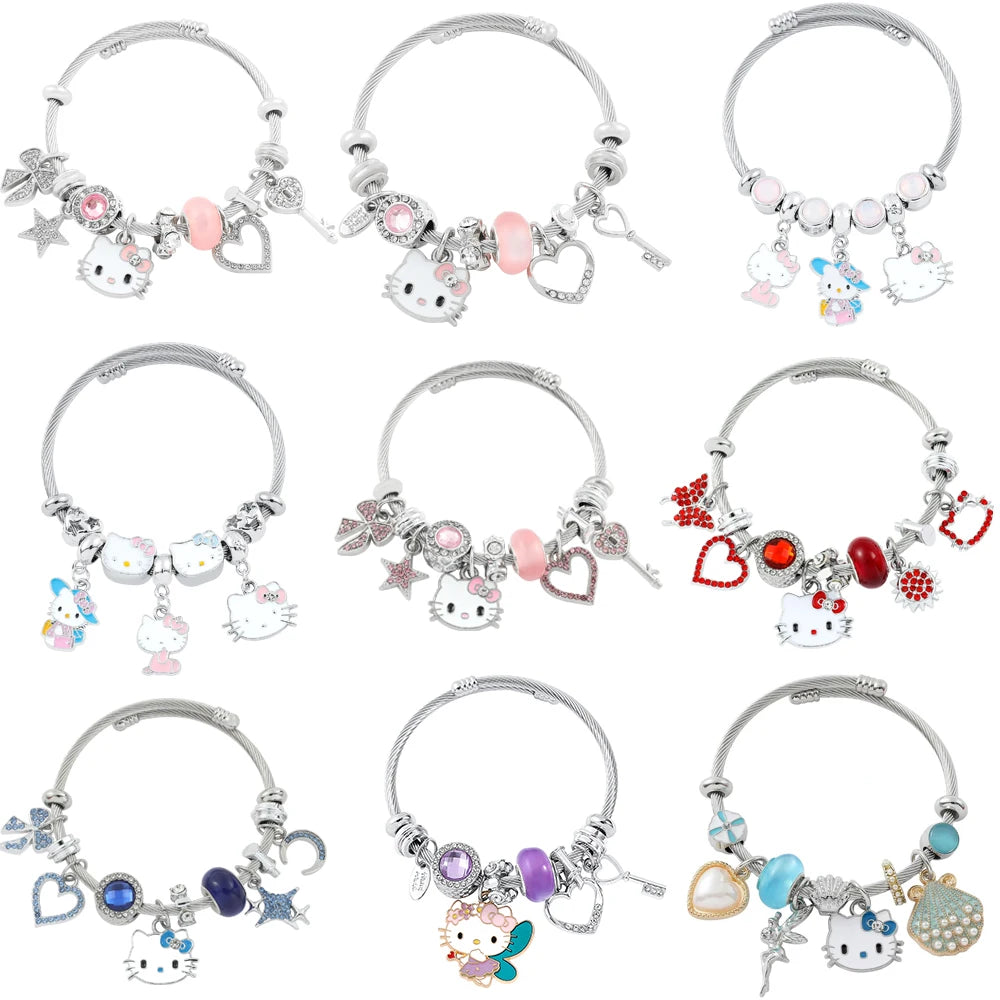 Sanrio Cartoon Charms Bracelets Kawaii Hello Kitty Beads Pendant Hand Chains Cute Bangle Jewelry Accessories Gifts for Girls