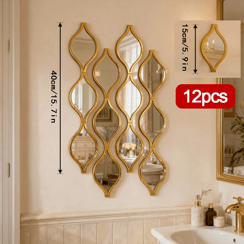 Hemasa 12pcs Teardrop Combination Bathroom Mirror | Golden Artistic Decorative Mirror for Bedroom, Living Room, Hallway Accent Wall