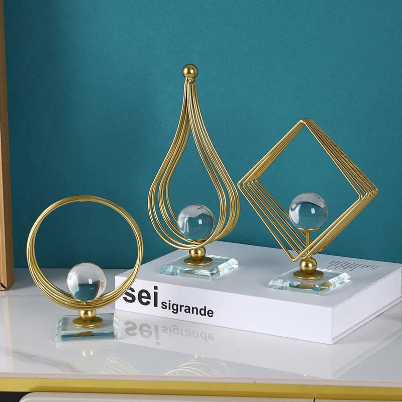Hemasa Geometric Metal Figurines/ Crystal Ball Model Decorative Crafts/Living Room Desktop Ornaments/ Home Decorati