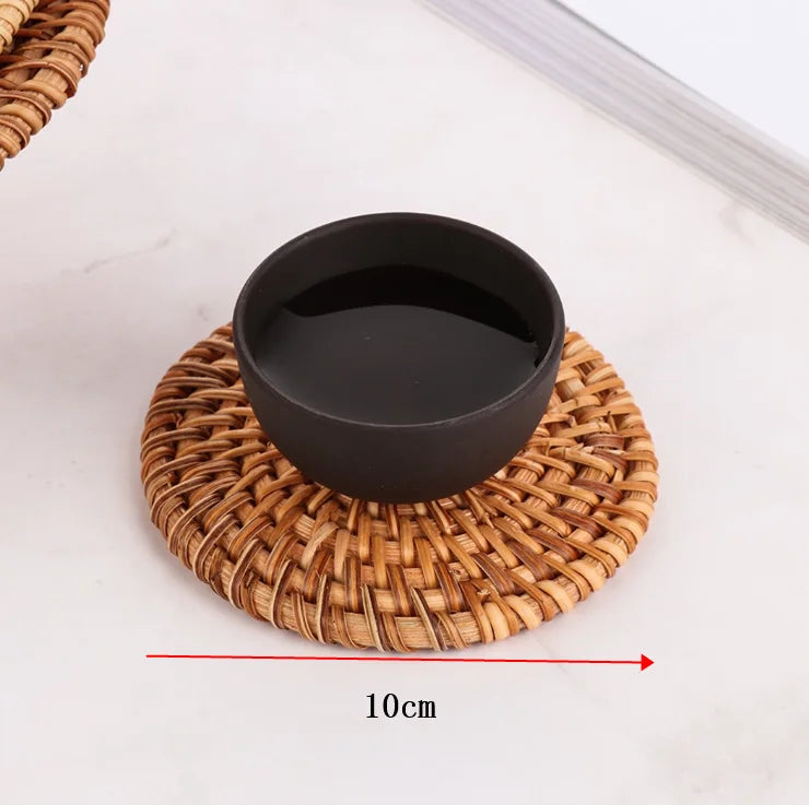 10CM Handcrafted Woven Rattan Coaster Multi-Use Heat Insulation Anti Scald Round Tea Cup Mat Pot Cushion Pad With Holder