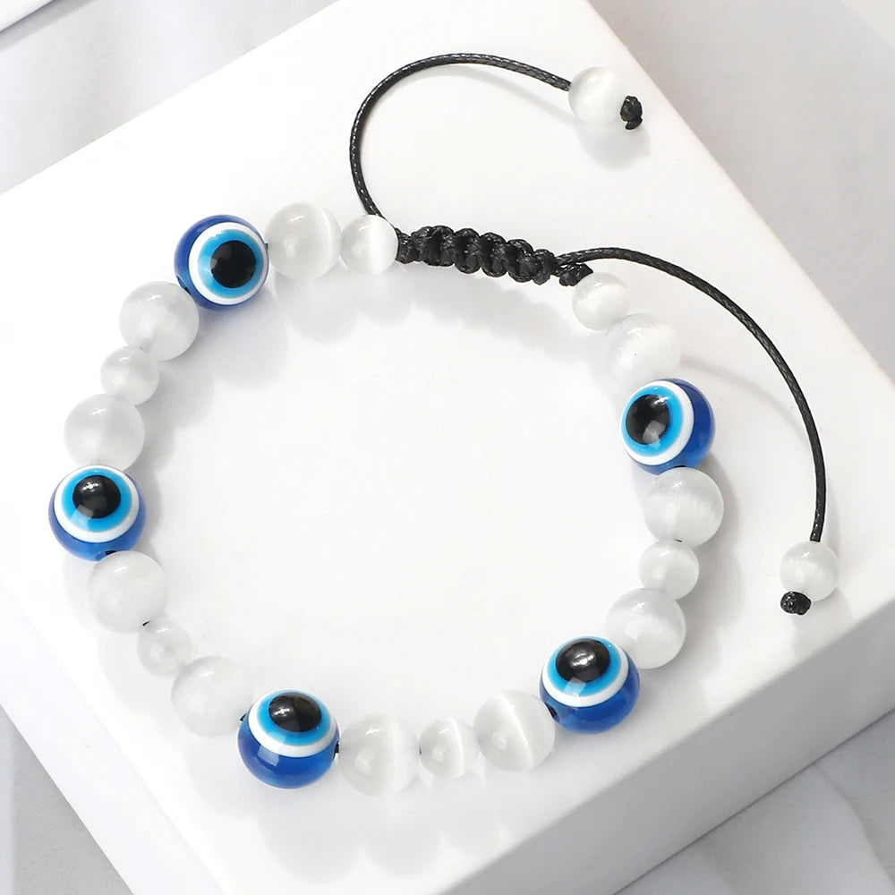 Blue Evil Eye Beaded Bracelets Natural Cat Eye Stone 6 8mm Opal Men Bangles Adjustable Women Bracelet Lucky Yoga Jewelry Gifts