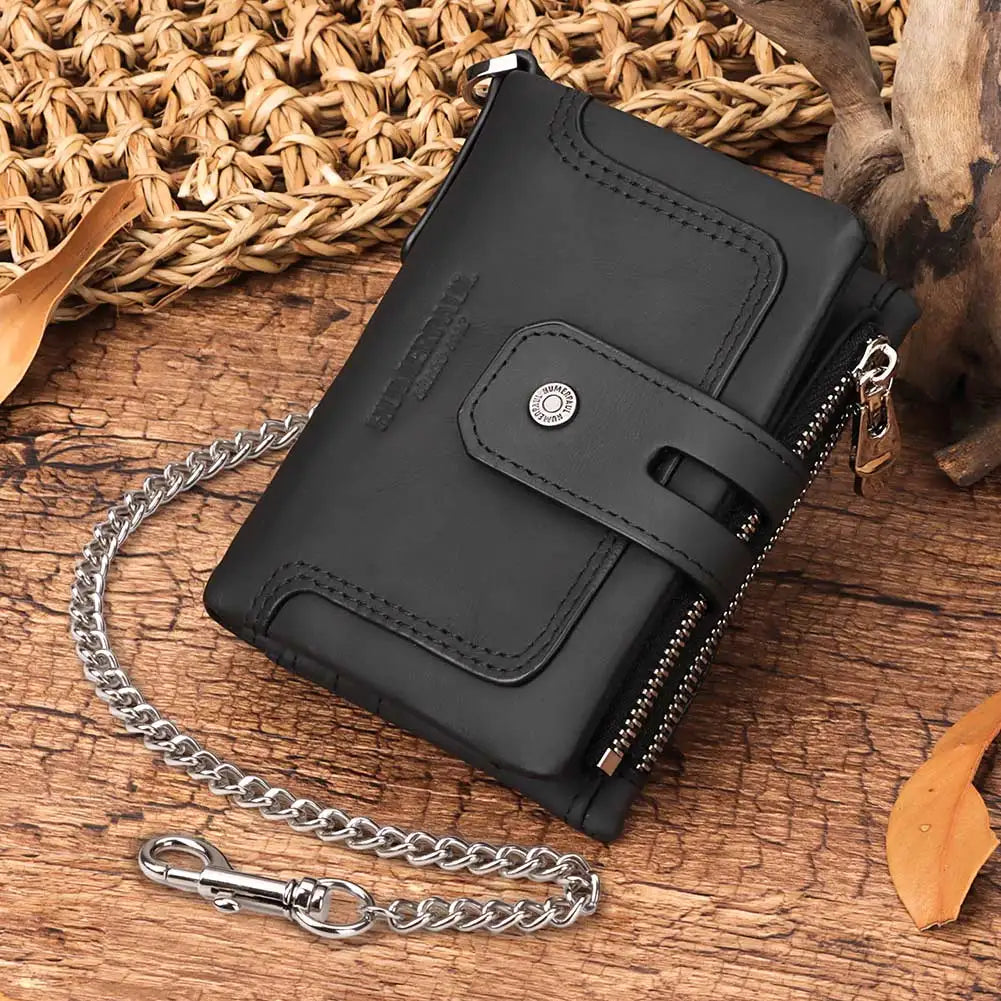 Genuine Leather RFID Men Wallet Business Credit Card Holders Double Zipper Coin Purse Chain PORTFOLIO Portomonee Male Carteira