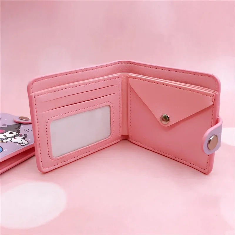 Hello Kitty Sanrio Girl PU Short Two-fold Wallet Kulomi Melody Anime Peripheral Student Coin Collection Card Bag Button Purse
