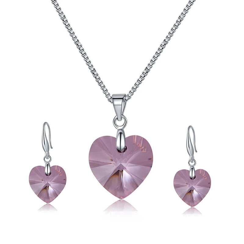 Romantic Heart Jewelry Sets Silver Color Crystals from Austria Pendant Necklace Drop Earrings for Women Wedding Anniversary