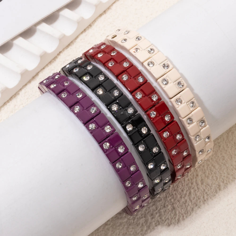 8x8mm Double Zirconia Charms Elastic Beaded Pure Color Bangle For Women