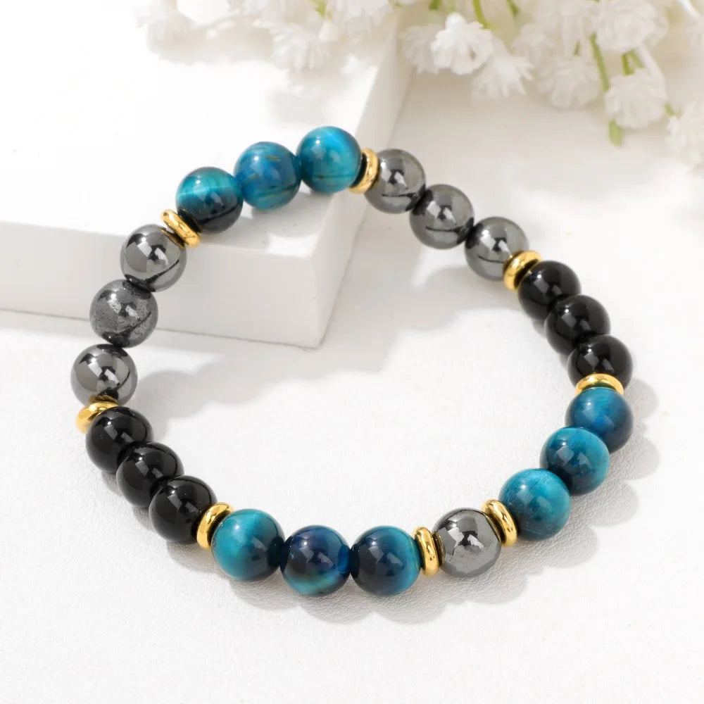 Tejesa Natural Stone Tiger Eye Bracelets For Men Women Lava Black Onyx Labradorite Yoga Elastic Bracelet Good Luck Money Health Jewelry