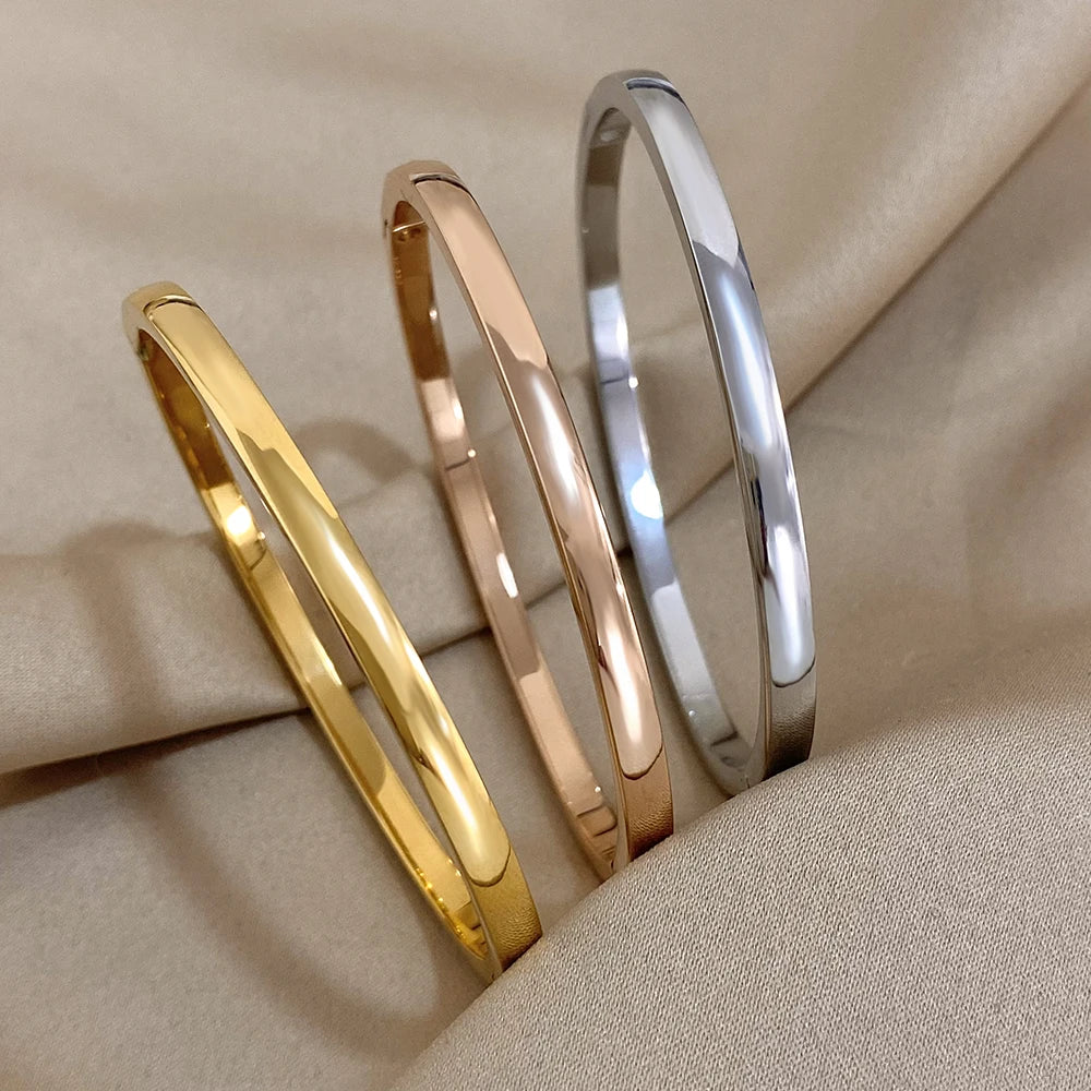 Classic Glossy Plain Bracelet Bangle for Women Chunky 4mm Stainless Steel Waterproof Cuff Minimalist Jewelry Gifts