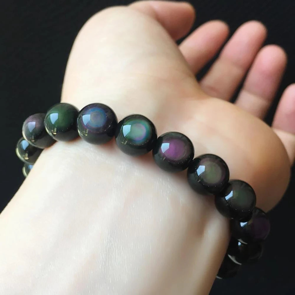 Hemasa Fashion Natural Crystal Stone Rainbow Obsidian Ball Bracelet for Women/Men