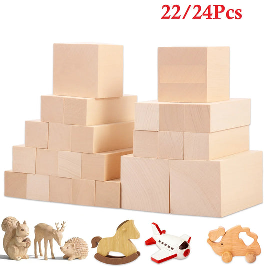 24/22Pcs Carving Wood Blocks Premium Basswood Wood Portable Unfinished Wood Carving Kit 3 Size Carving Whittling Art Supplies