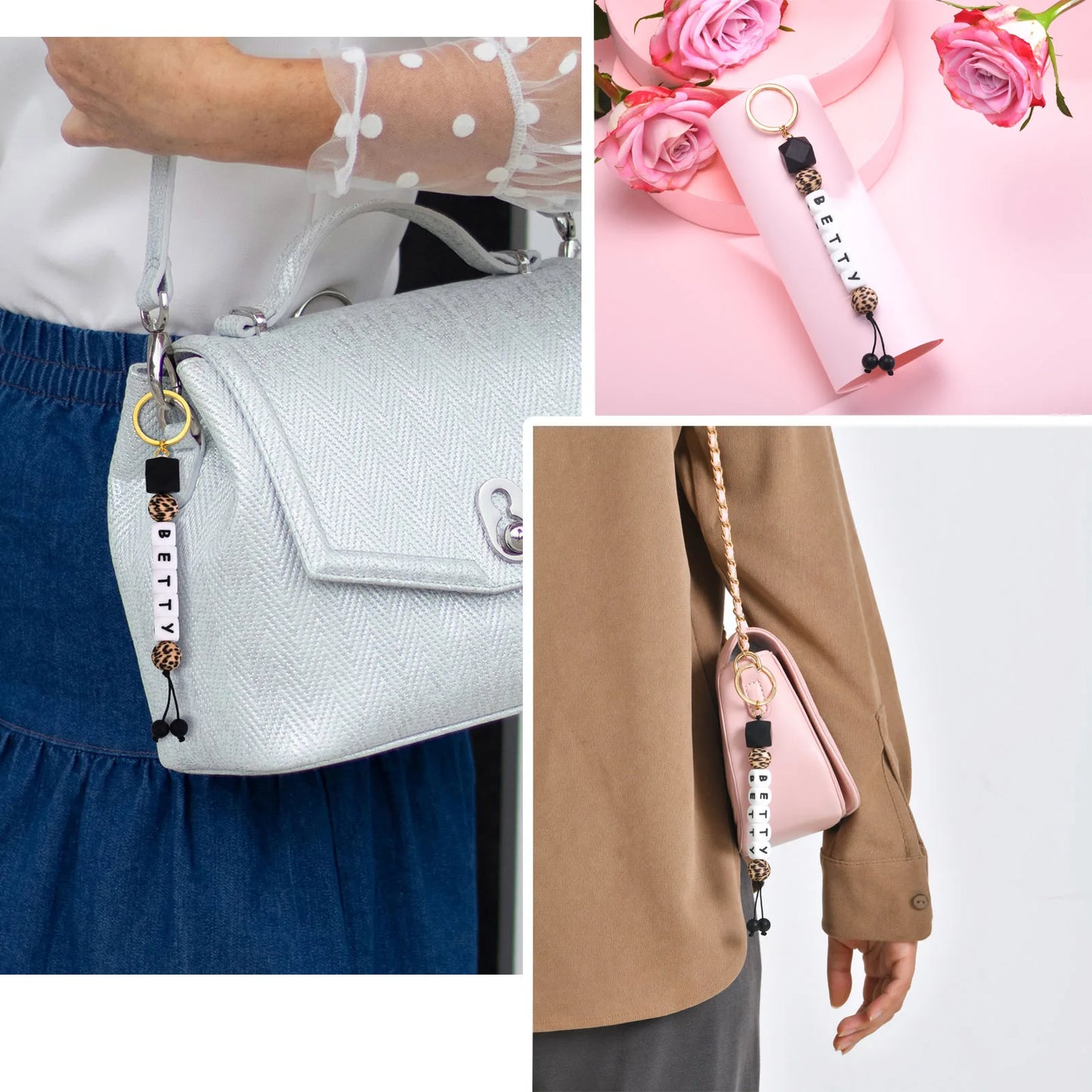 Hemasa Personalized 2-8 Letters Name Leopard Silicone Bead Keychain/ Fashion Bag Pendant Charm