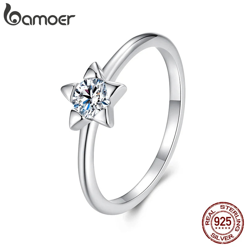 BAMOER 925 Sterling Silver Exquisite Star Moissanite Ring for Women Anniversary Statement Gift Fine Jewelry MSR064