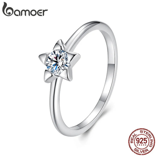 BAMOER 925 Sterling Silver Exquisite Star Moissanite Ring for Women Anniversary Statement Gift Fine Jewelry MSR064