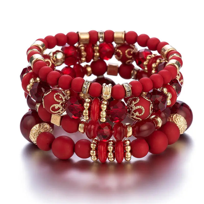 4Pcs Boho Crystal Beads Chain Bracelet Set For Women Vintage Heart Charm Elastic Bangle Female Fashion Party Jewelry