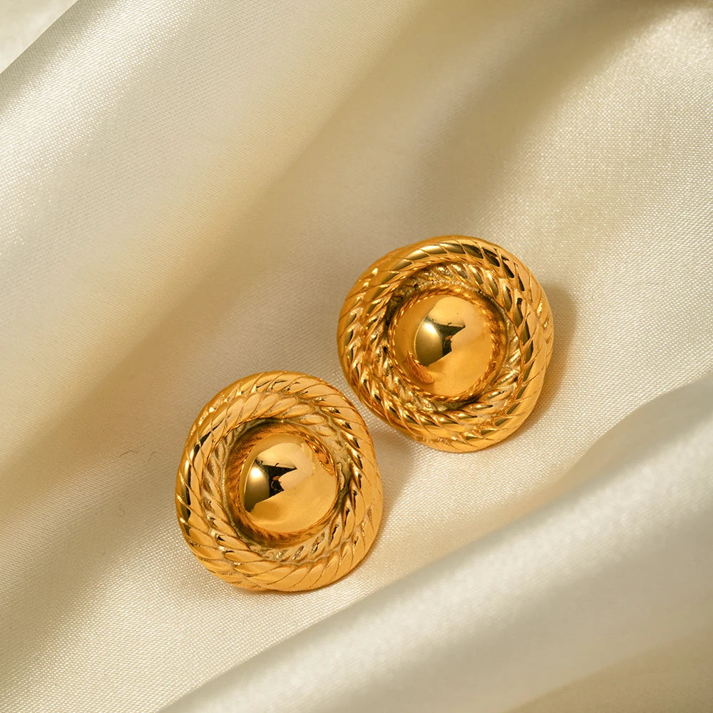 Hemasa 18k Gold Color Stainless Steel Thread Texture Tound Earrings