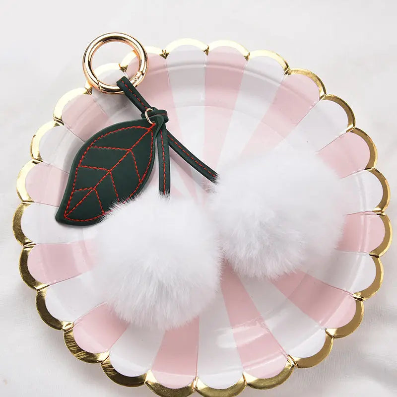 New Fashion Plush Cherry Keychains for Women Girls Fluffy Cartoon Rabbit Fur Ball Pompom Leaf Key Chains Rings Keyring Bag Gifts