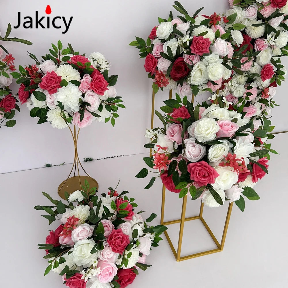 Pink White Series Artificial Flower Strip Wedding Table Runner Floral Arrangement Wedding Backdrop Decor Prop Arch Flower String