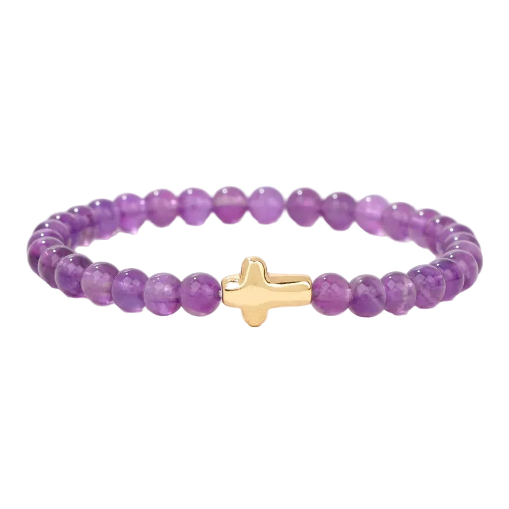 Tejesa 6mm Amethysts Bracelet Gold Color Jesus Cross Natural Stone Tiger Eye Opal African Turquoises Elastic Bracelets For Women Men
