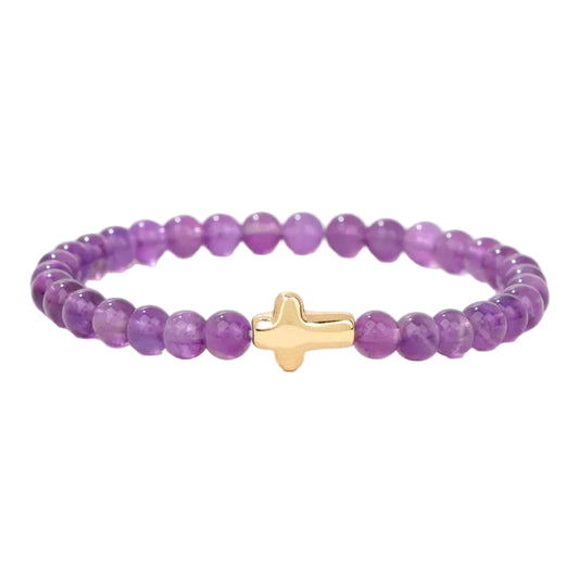 Tejesa 6mm Amethysts Bracelet Gold Color Jesus Cross Natural Stone Tiger Eye Opal African Turquoises Elastic Bracelets For Women Men