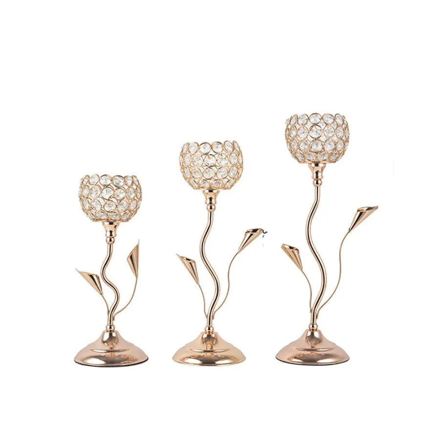 Hemasa Gold Crystal Candle Holder/Iron Flower Shaped Candlestick Small Vintage Candlestick Set for Table Center piece Wedding Birthday