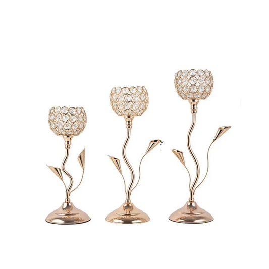 Hemasa Gold Crystal Candle Holder/Iron Flower Shaped Candlestick Small Vintage Candlestick Set for Table Center piece Wedding Birthday