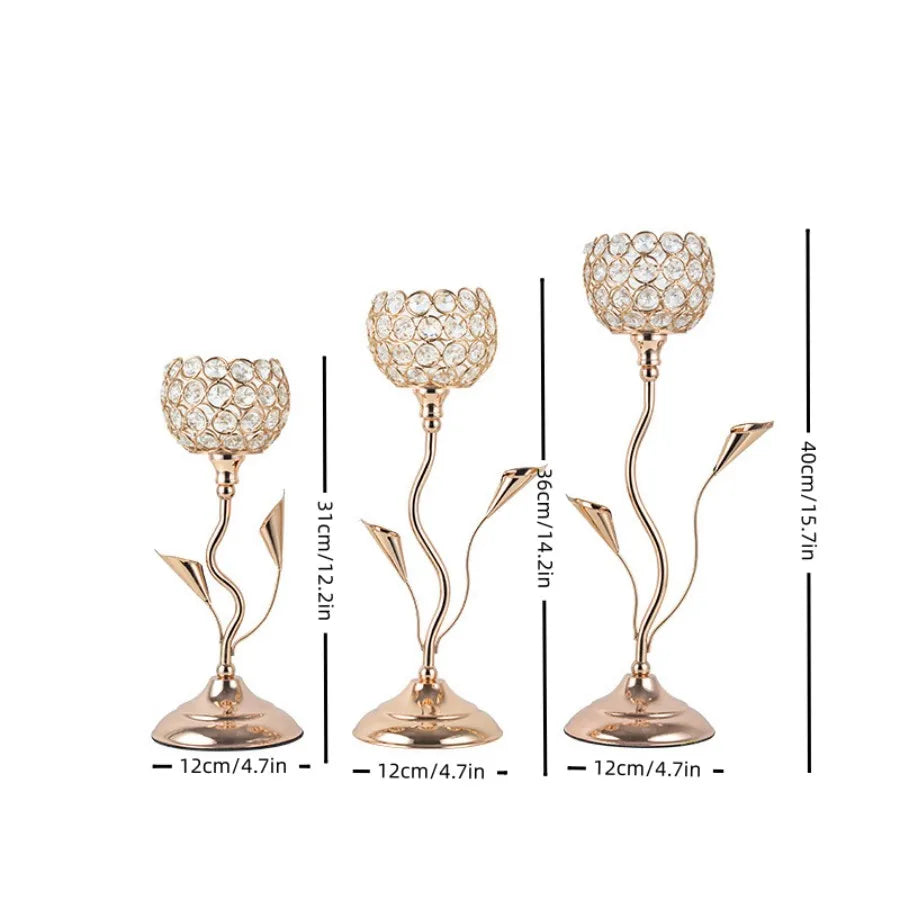 Hemasa Gold Crystal Candle Holder/Iron Flower Shaped Candlestick Small Vintage Candlestick Set for Table Center piece Wedding Birthday