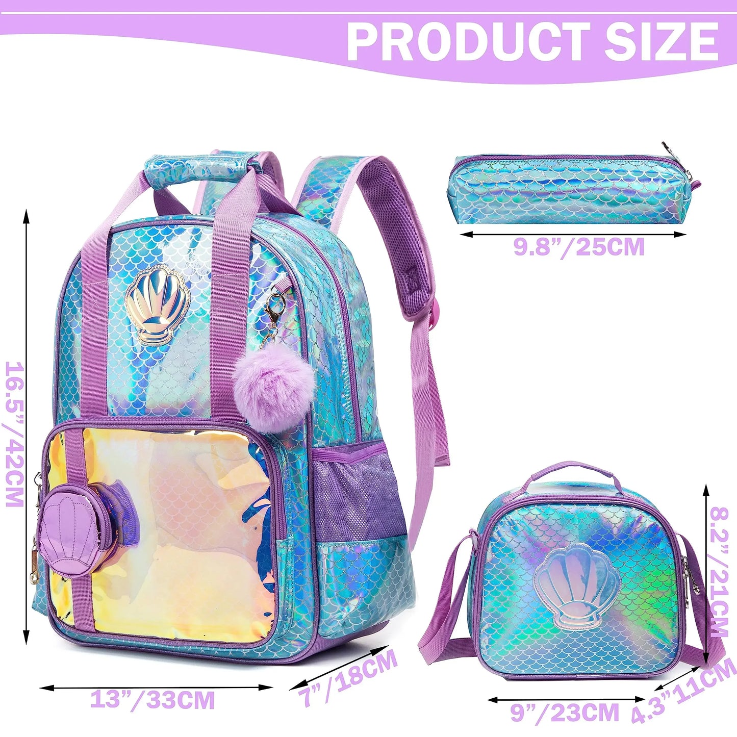 BIKAB  Bookbag for Girls Backpack for Girls rainbow and star School Bag with Lunch Box Set for Kindergarten Glitter Sequin