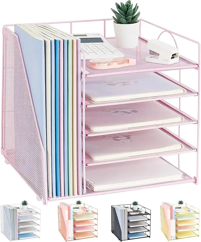 5 - Tier Paper Letter Tray Organizer with File Holder: Office Supplies Desktop Organizer