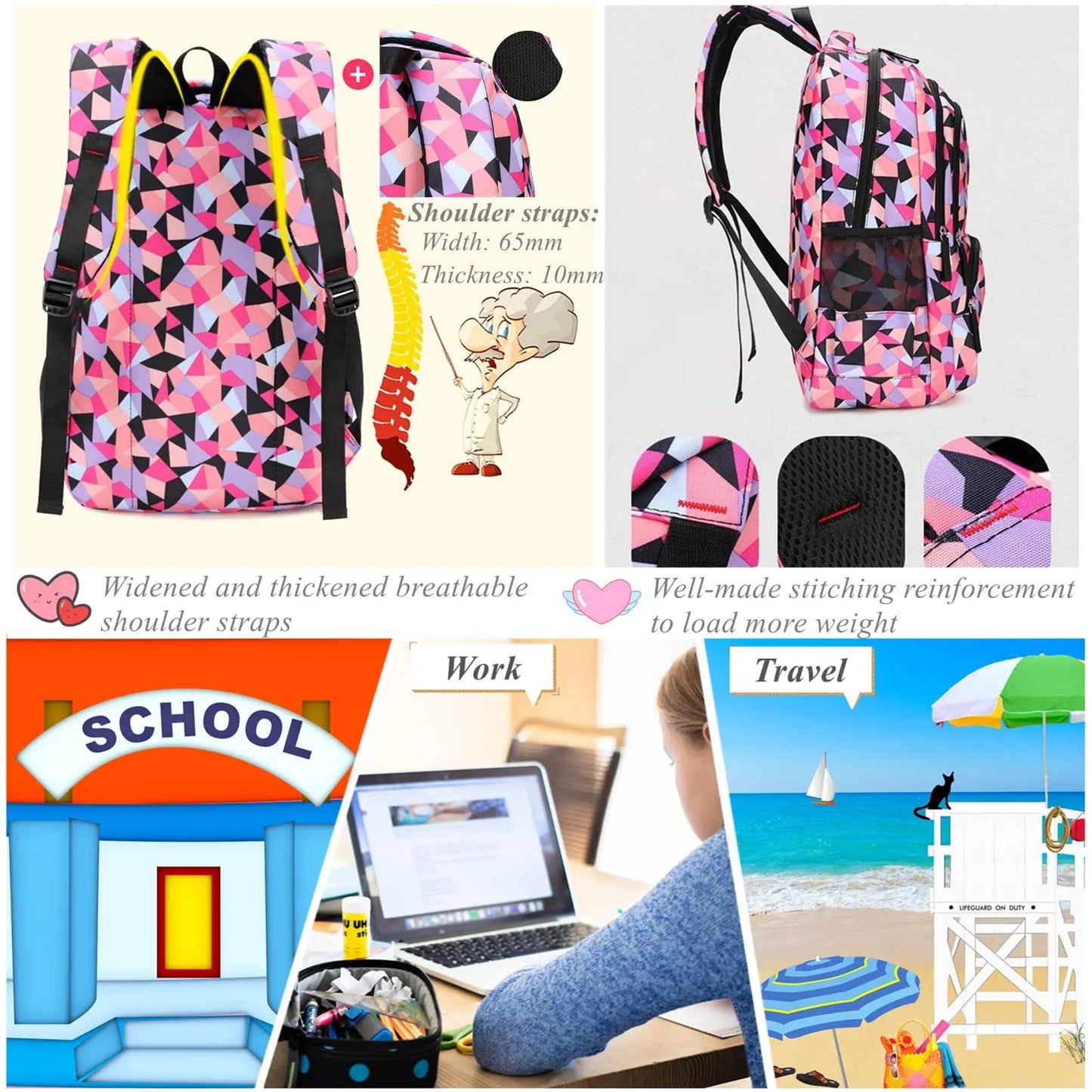 Hemasa Geometric Print Kids Backpack for Girls Boys Primary Middle School Bag Bookbags Free Lunch Bag and Coin Purse