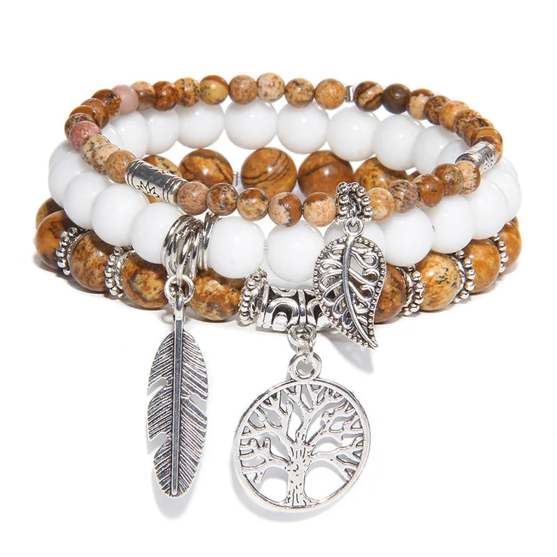 3Pcs Tree of Life Pendant Beads Bracelet Natural Stone Tiger Eye Turquoises Labradorite Bracelets for Women Men Couples Jewelry
