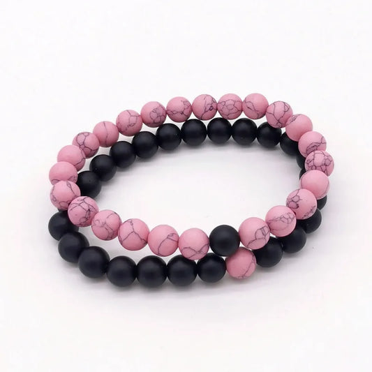 Black Matte White Line Turquoise Pink Pine Couple Set Bracelet Hot Selling Natural Stone Jewelry Beaded Bracelet For  Lovers
