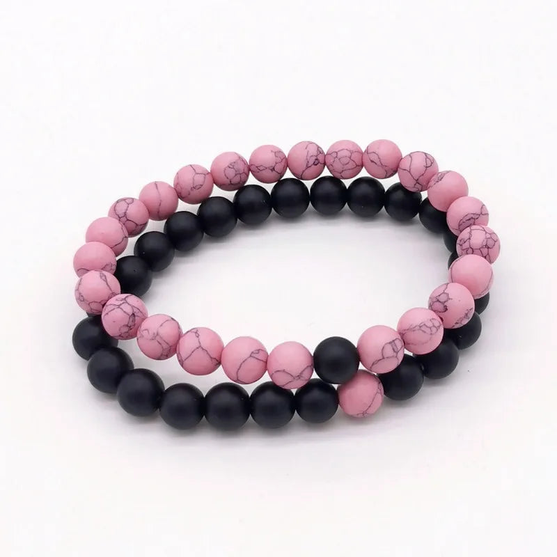 Black Matte White Line Turquoise Pink Pine Couple Set Bracelet Hot Selling Natural Stone Jewelry Beaded Bracelet For  Lovers