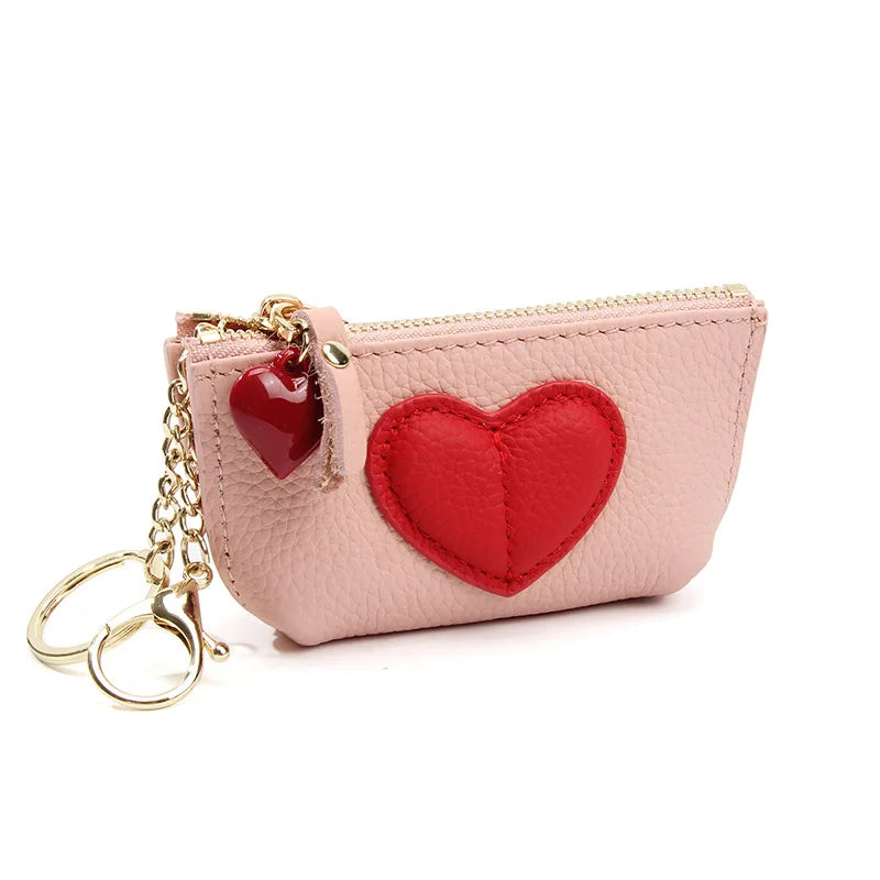 Tejesa Women's Soft Leather Coin Purses with KeyChain /Small Zipper Coin Pouch for Women Heart Pendant Zero Wallet Zipper Pocket
