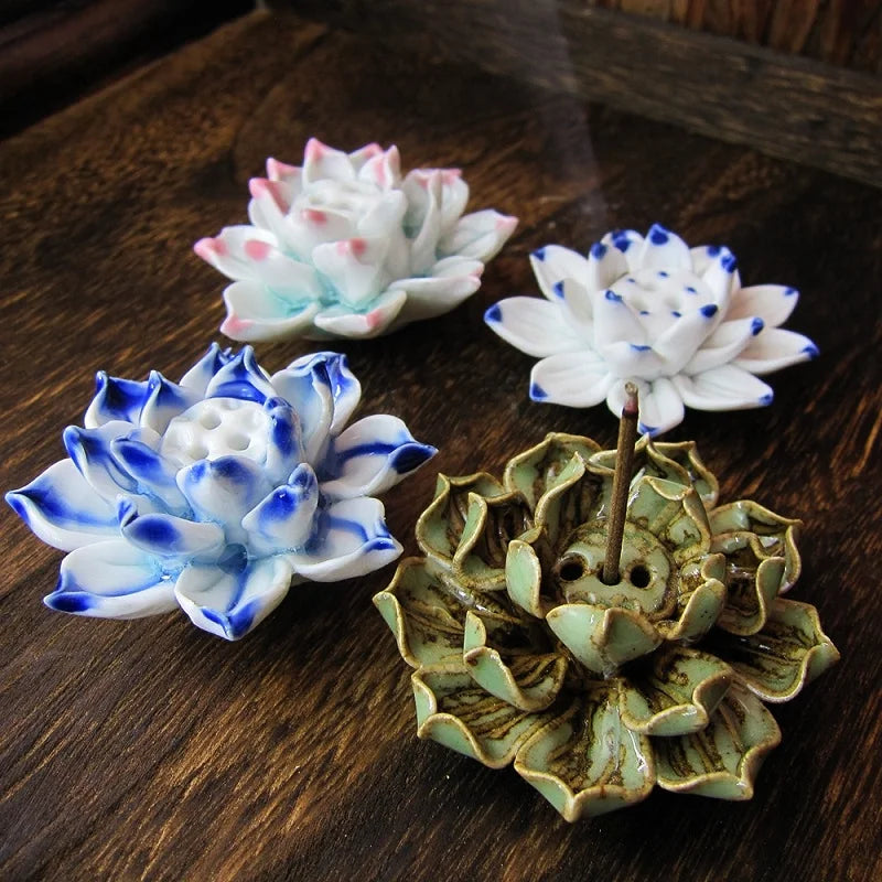 Ceramic Lotus Flower Shape Incense Burner Stick Cone Burner Holder Incense Base Plug Home Decoration Incense Burner Stick Holder