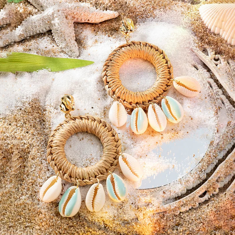 Boho Big Shell Cowrie Rattan Handmade Earrings Natural Seashell Statement Drop Earrings Women Summer Holiday Beach Jewelry Gift