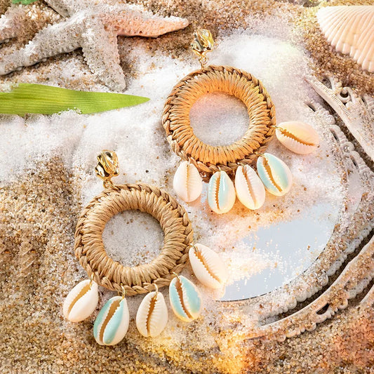 Boho Big Shell Cowrie Rattan Handmade Earrings Natural Seashell Statement Drop Earrings Women Summer Holiday Beach Jewelry Gift