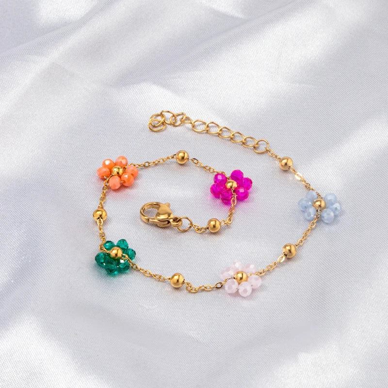 Sweet Multicolor Small Flower Charm Bracelet For Women Korean Summer Flower Gold Chain Small Gold Color Ball Adjustable Bracelet