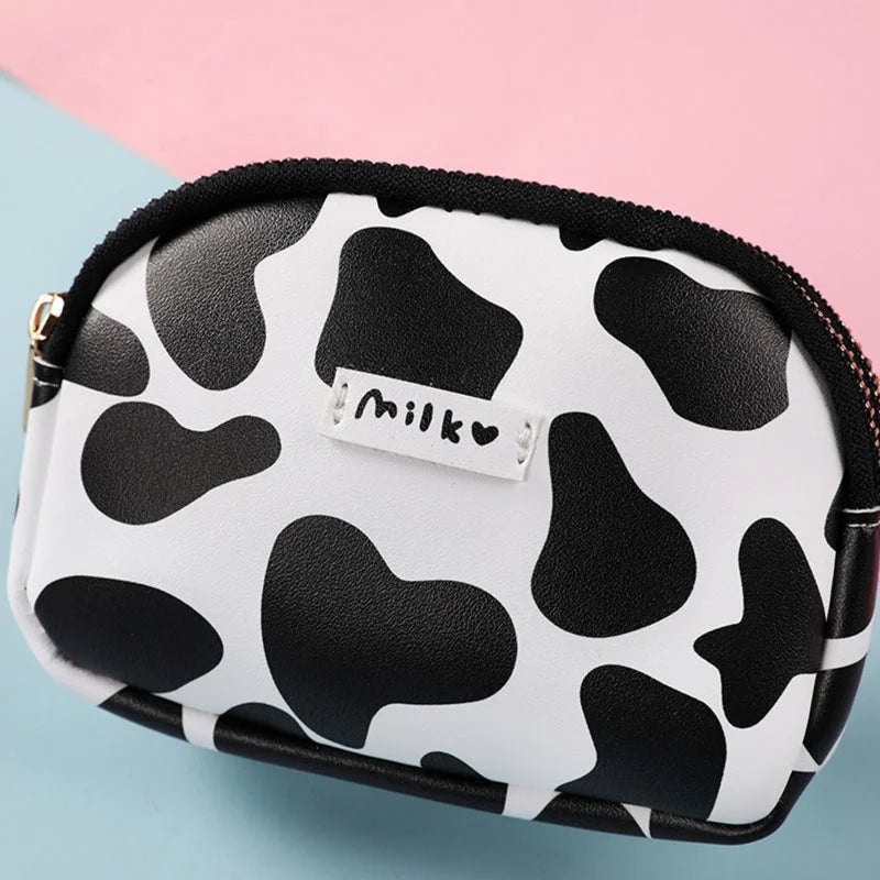 Cute Cow Pattern Coin Purse For Women Card Wallet Students Double Pocket Zipper Key Bag Portable Lipstick Bank Card Storage Bag