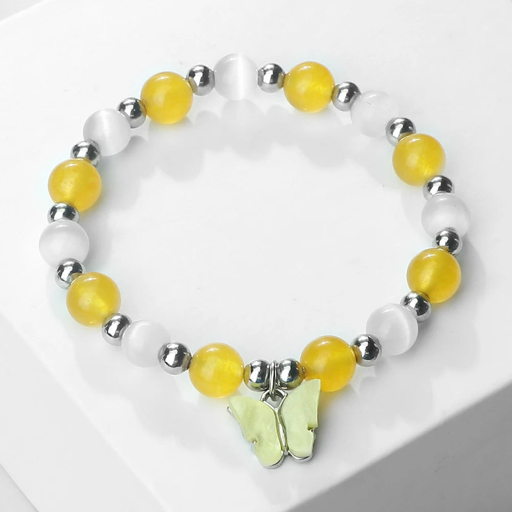 Bohemia Acrylic Butterfly Bracelets For Women 8mm Opal Cat Eye Beads Stretch Bracelets Female Wrist Jewelry Valentine's Day Gift