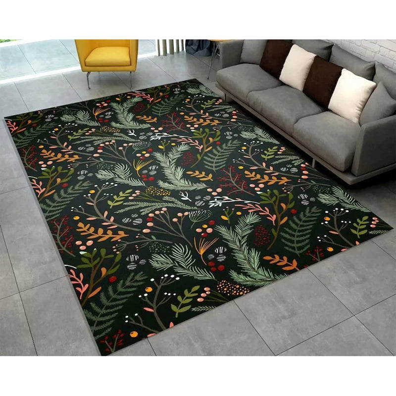 Hemasa Winter Rug/ Dark Forest Leaf Carpet/ Rug, Cozy Greenery Botanical Rug/ Festive Christmas Rug