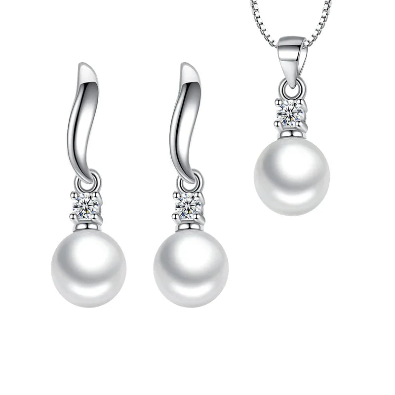 Solid 925 Sterling Silver Pearl Pendant Necklace Crystal Stud Earrings Jewelry Sets For Women New Trendy FQL23080
