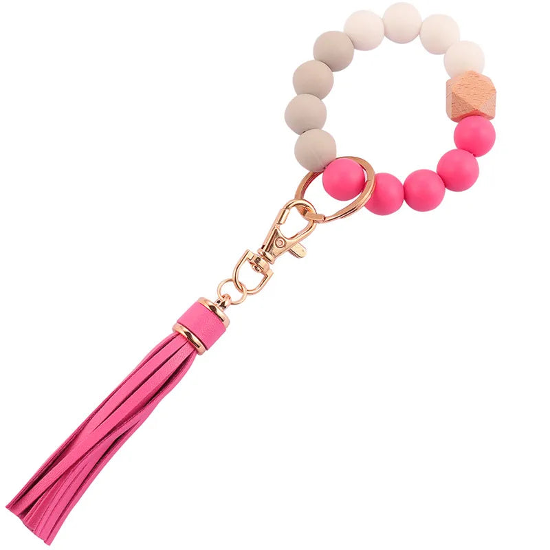 Hemasa  Silicone Wood Beads Keychain Keyring For Women Wristlet Bracelet Pendant Keychain With Jewelry Accessories