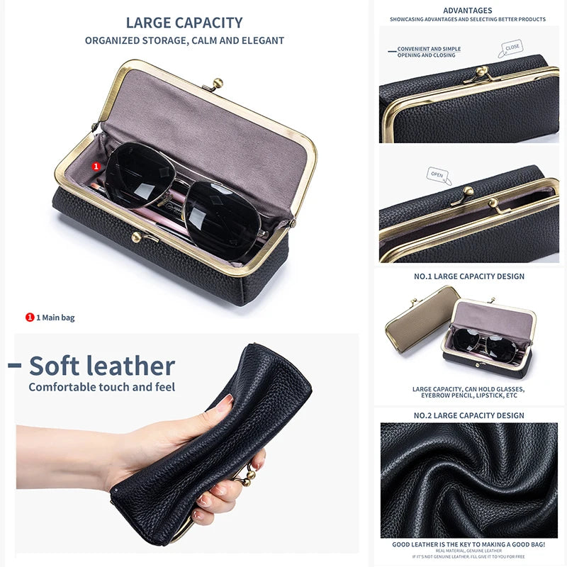 Tejesa Genuine Leather Glasses Case / Pencil Bag with Kiss Lock/ Coin Purse for Women /Travel Sunglasses
