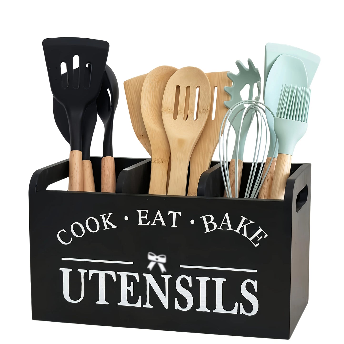 Kitchen Utensil Rack with Three Compartments Rustic Wooden Storage Box Vintage Tableware Farmhouse Dish Cabinet Forks Spoo