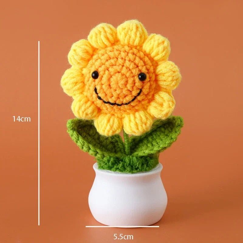 Hemasa Crochet Sunflowers Pot Creative Knitted Flowers Artificial Flower Hand Woven Finished Plant Car Desktop Decor Gift