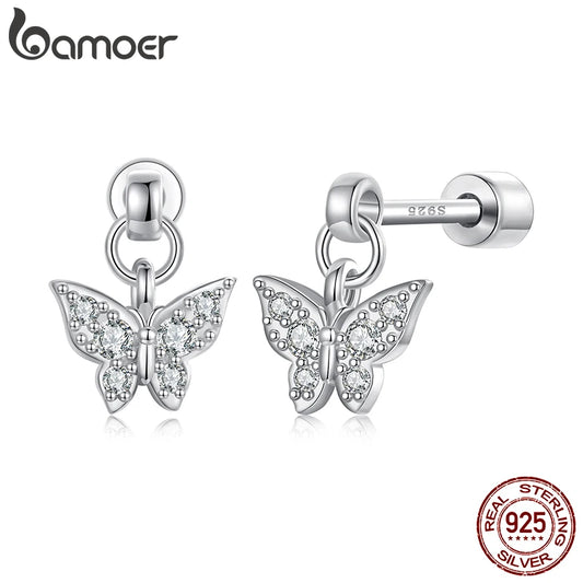 BAMOER 925 Sterling Silver Butterfly Screw-Back Stud Earrings Full Zircons Mini Cross Heart Earrings Hypoallergenic for Women
